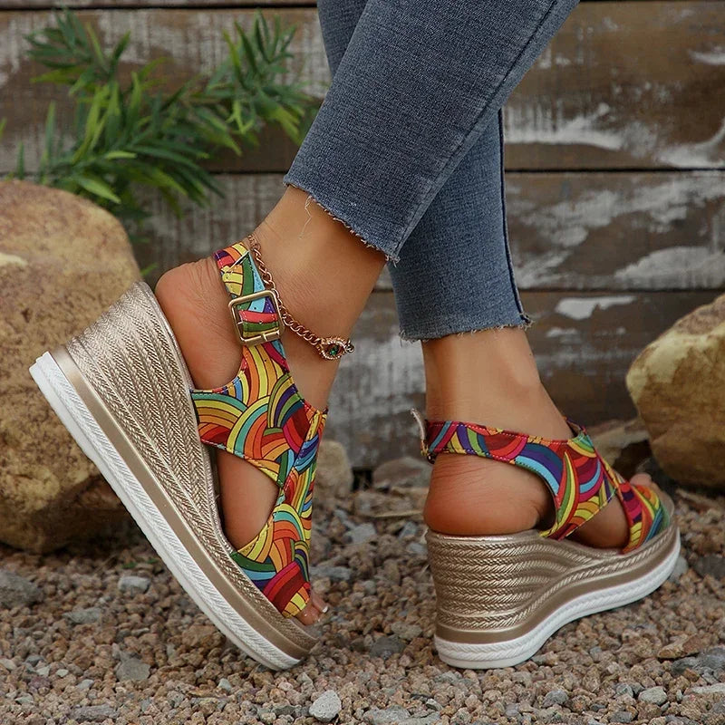Colorful Platform Wedge Sandals | Strappy Espadrille Shoes | Ankle Buckle Summer Sandals