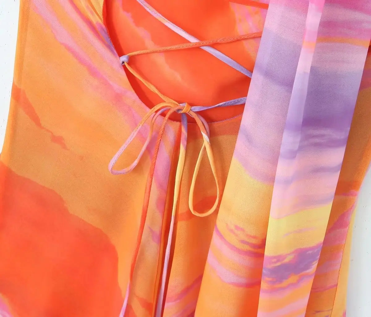 Abstract Mini Dress – Sleeveless Halter Dress with Asymmetrical Neckline, Flowing Scarf Detail and Flared Skirt for Vacations & Summer Events