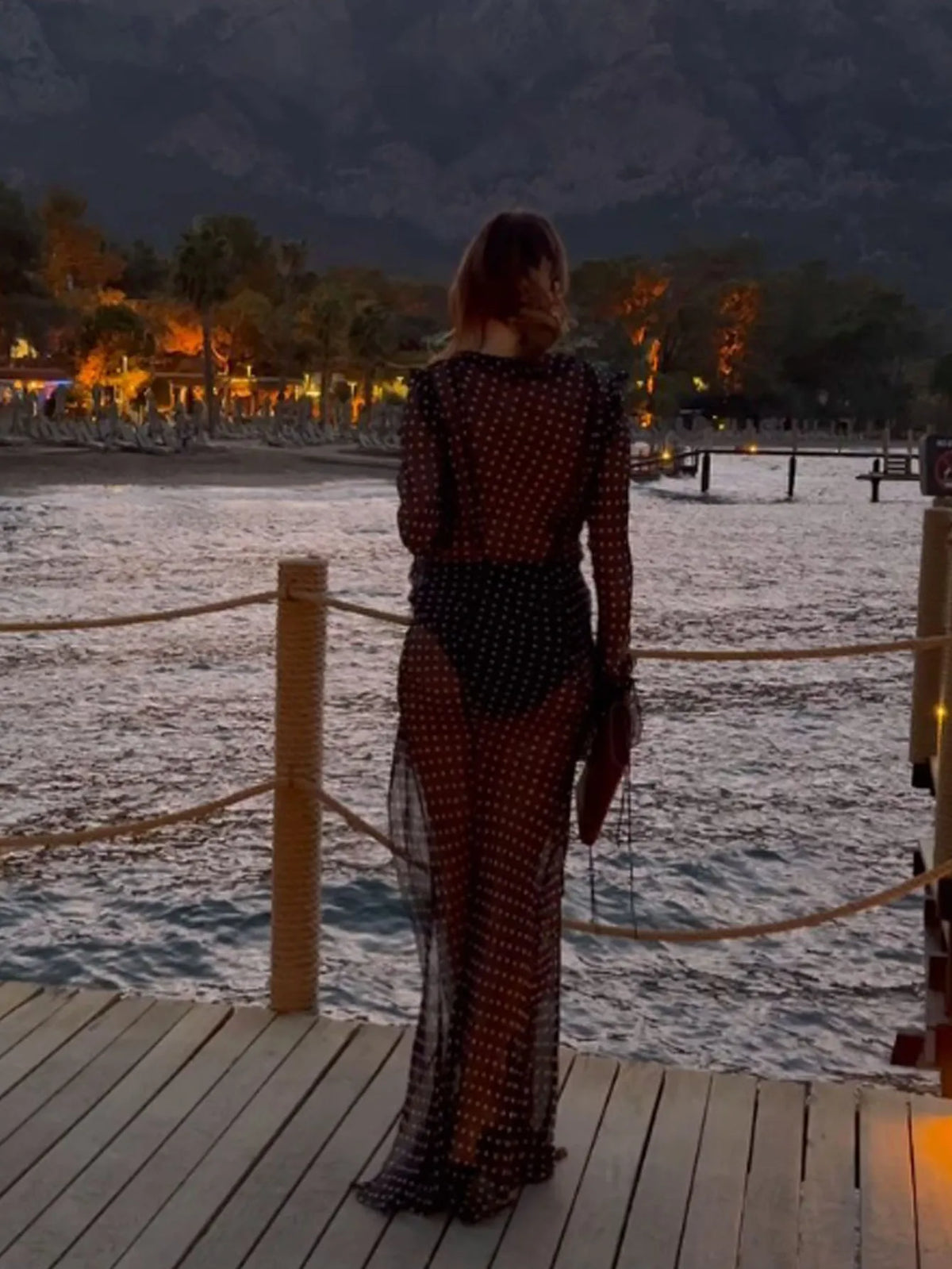 Polka Dot Maxi Dress – Sheer Long Sleeve Dress with Deep V Neck, Ruffle Trim, Front Tie Detail and High Side Slit