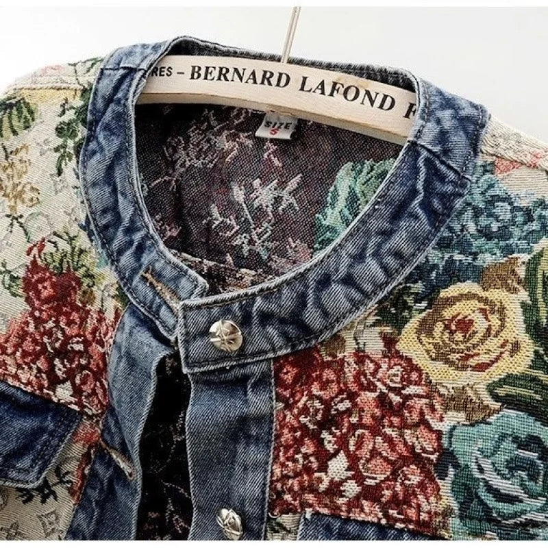Floral Printed Denim Jacket, Patchwork Button-Up Jacket with Chest Pockets and Turn-Up Cuffs, Vintage-Inspired Casual Outerwear