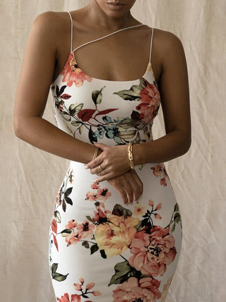 Floral Midi Dress – Spaghetti Strap Bodycon Dress with Fitted Silhouette, Delicate Botanical Print and Feminine Style for Vacations & Brunch