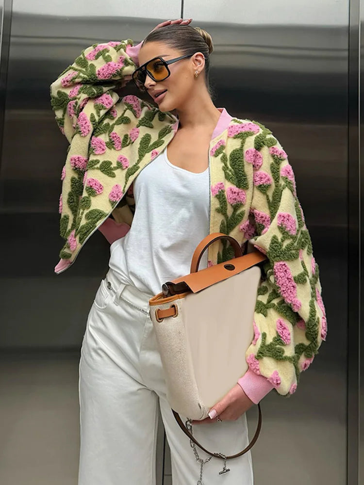 Floral Textured Fleece Jacket, Oversized Plush Zip-Up Jacket with 3D Flower Embroidery, Cozy Statement Winter Outerwear