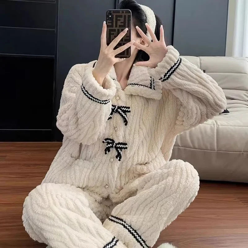 Cable Knit Pajama Set with Button Front Top & Lounge Pants | Cozy Two Piece Sleepwear Outfit | Soft Winter Loungewear Matching Set
