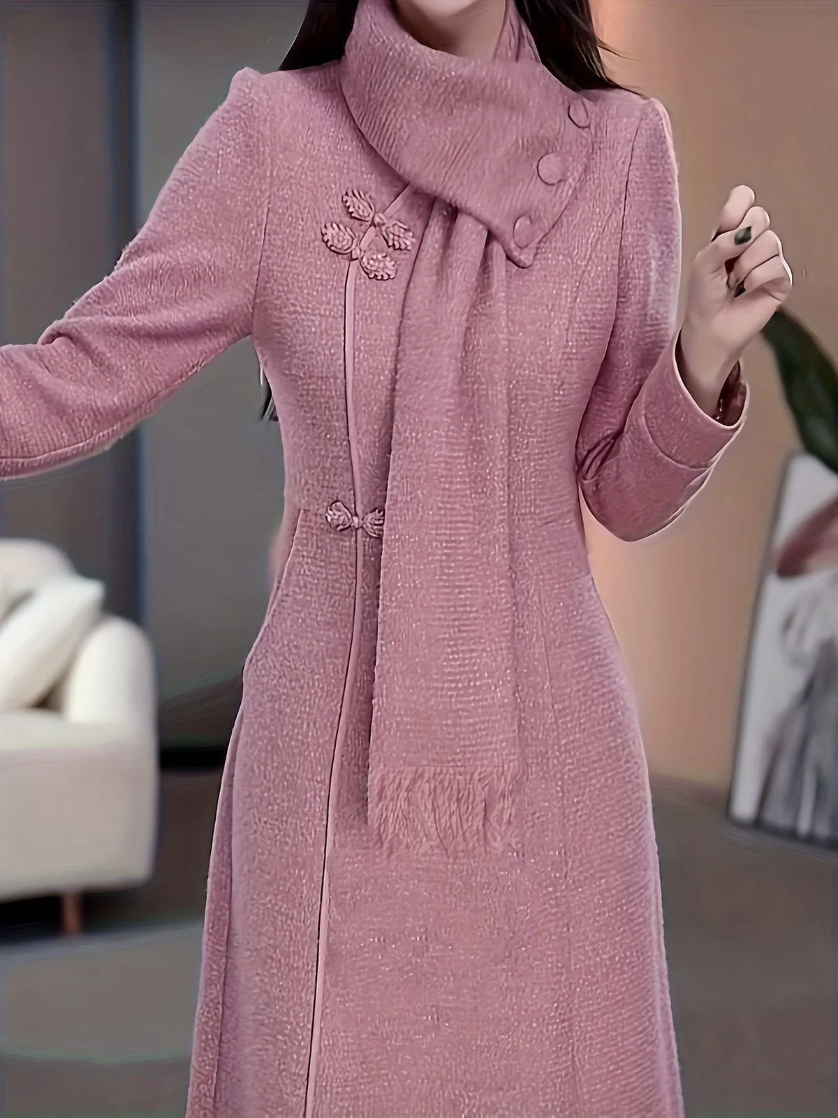 Long Knit Maxi Dress – Turtleneck Sweater Dress with Oversized Collar, Long Sleeves, Button Front and Elegant Winter Silhouette
