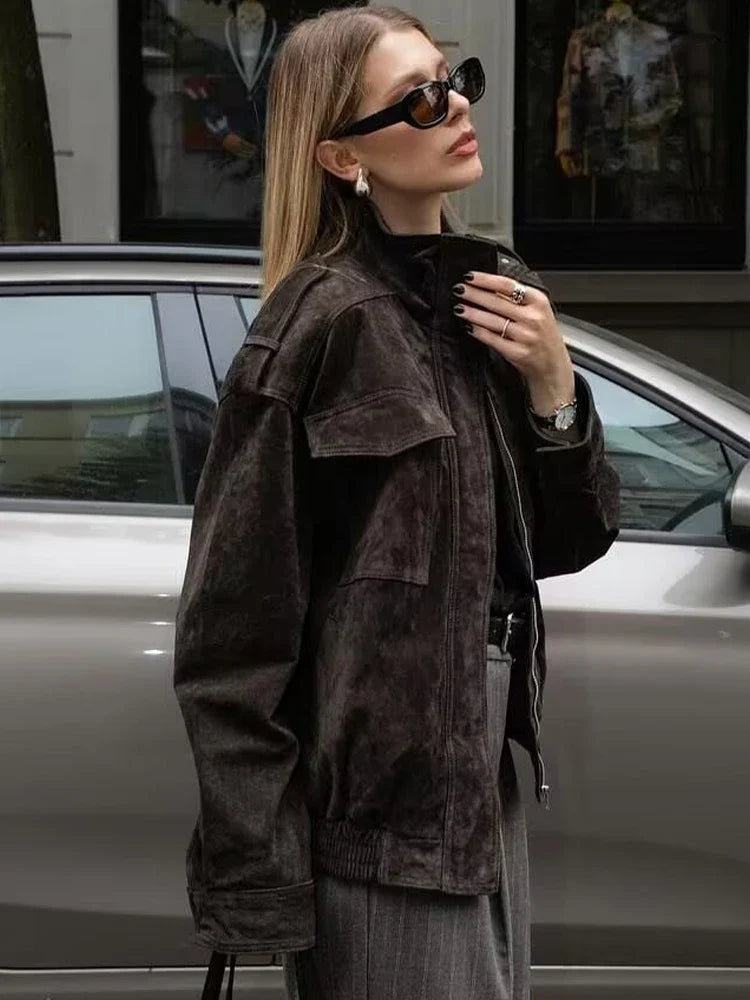 Utility Bomber Jacket with Oversized Pockets, Relaxed Fit Zip-Up Jacket with High Collar, Casual Fall Outerwear