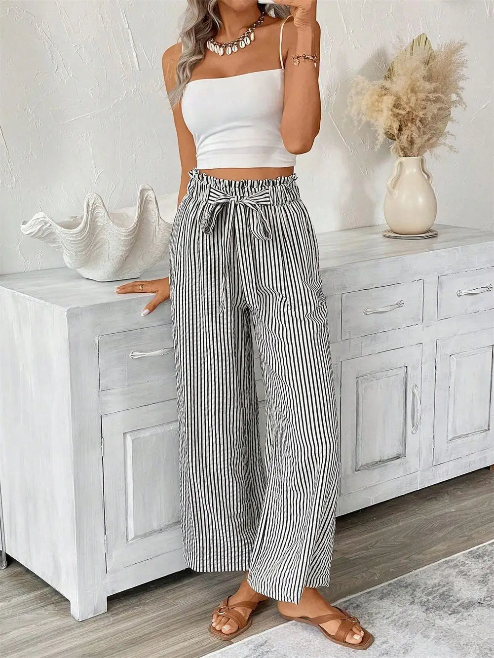 High Waisted Wide Leg Pants Chevron Print Drawstring Trousers Relaxed Fit Flowing Casual Boho Lounge Bottoms