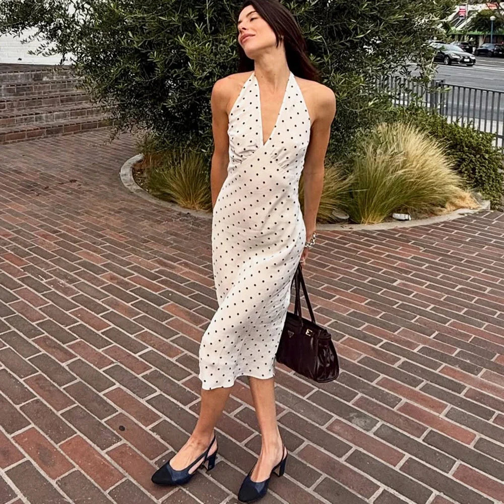 Polka Dot Midi Dress – Sleeveless Halter Neck Dress with Fitted Silhouette, Side Slit and Elegant Column Shape for Vacations & Summer Events