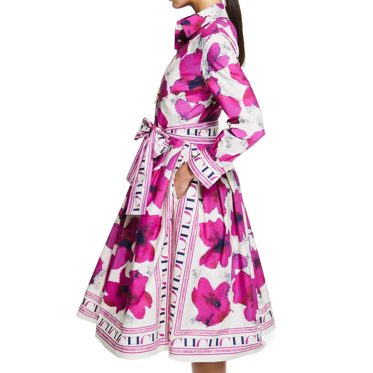 Floral Shirt Midi Dress – Long Sleeve Button Front Dress with Belted Waist, Collared Neck and Flared Skirt for Brunch, Vacations & Events