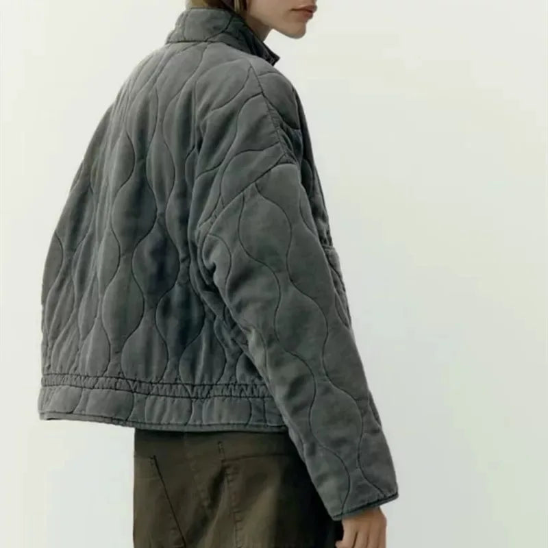 Quilted Jacket, Lightweight Padded Zip-Up Jacket, Relaxed Fit Stand Collar Casual Fall Winter Outerwear
