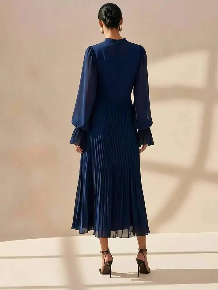 Pleated Ruffle Midi Dress – Long Sleeve Chiffon Dress with High Neckline, Keyhole Detail, Balloon Sleeves and Asymmetrical Tiered Hem