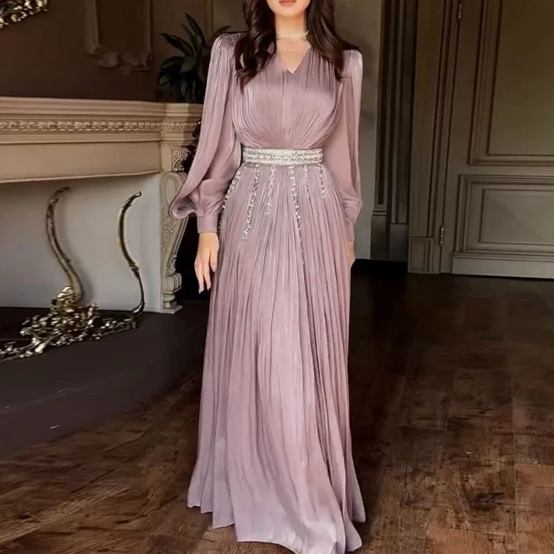 Elegant Maxi Dress – Off Shoulder Long Sleeve Gown with Ruched Bodice, Waist Belt and Flowing Floor-Length Skirt for Weddings & Events