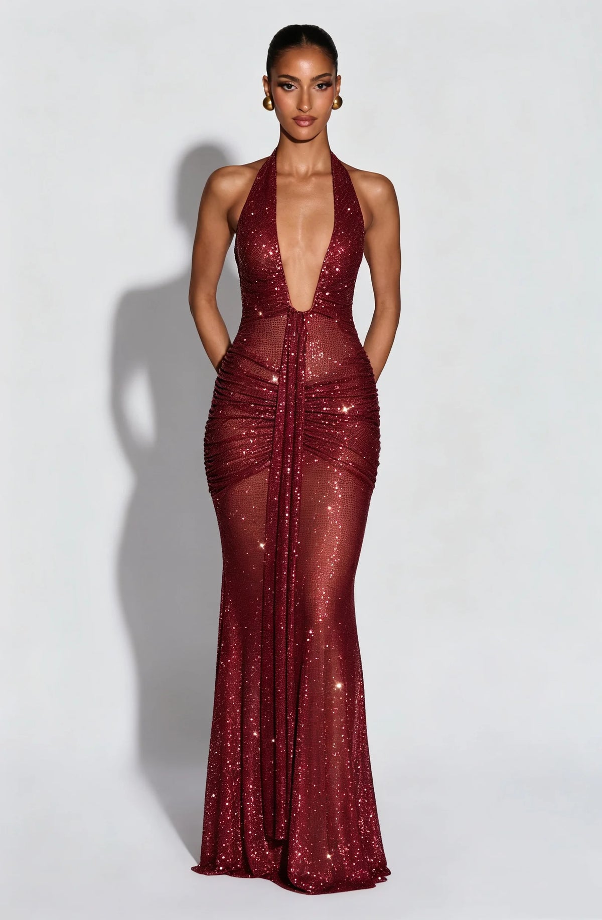 Halter Neck Sequin Maxi Dress – Deep Plunge Evening Gown with All-Over Sparkle, Ruched Bodycon Silhouette and Floor-Length Draped Skirt