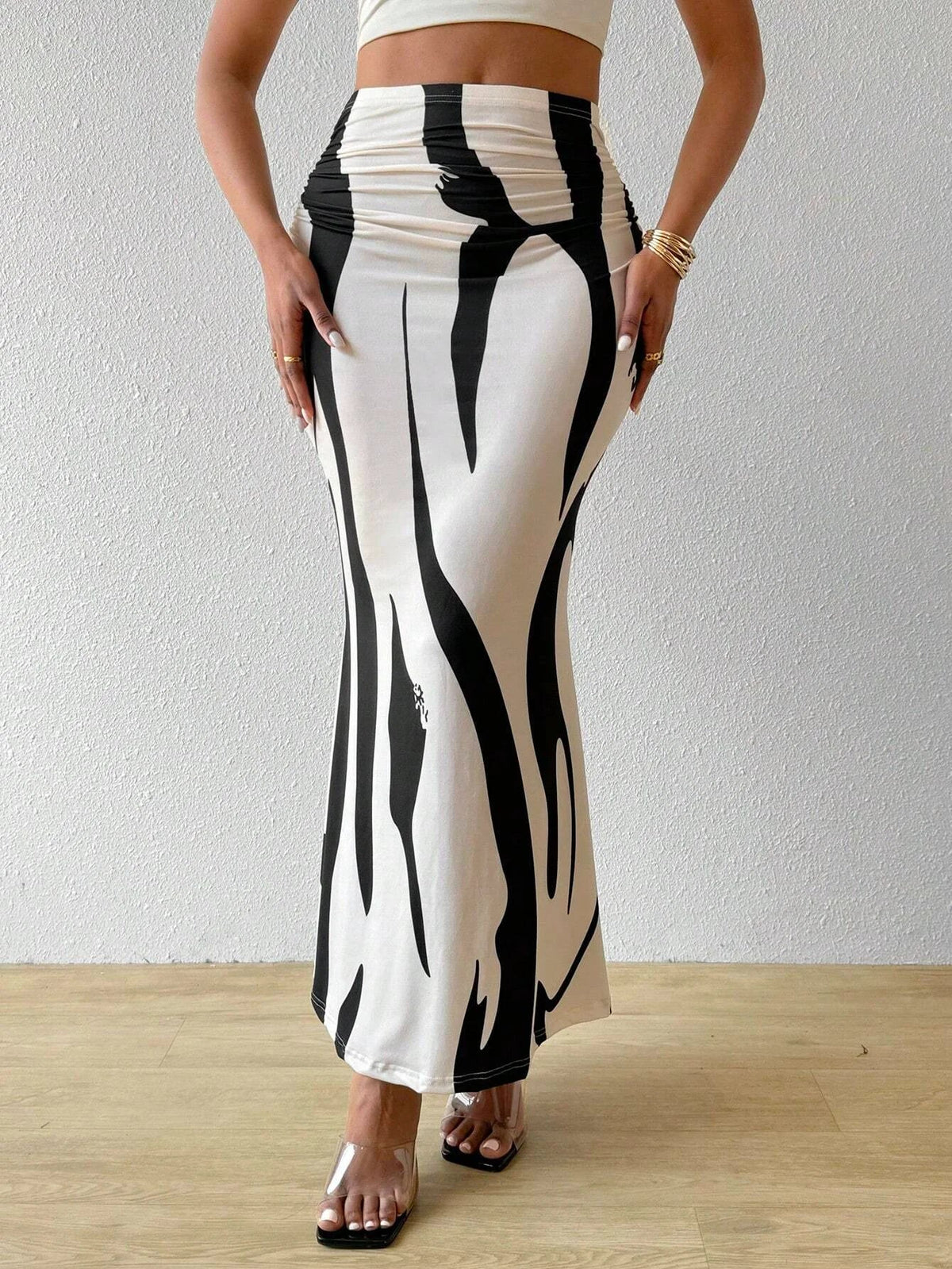 High Waisted Abstract Print Maxi Skirt Bodycon Long Pencil Skirt Stretch Fitted Slit Detail Statement Evening Wear