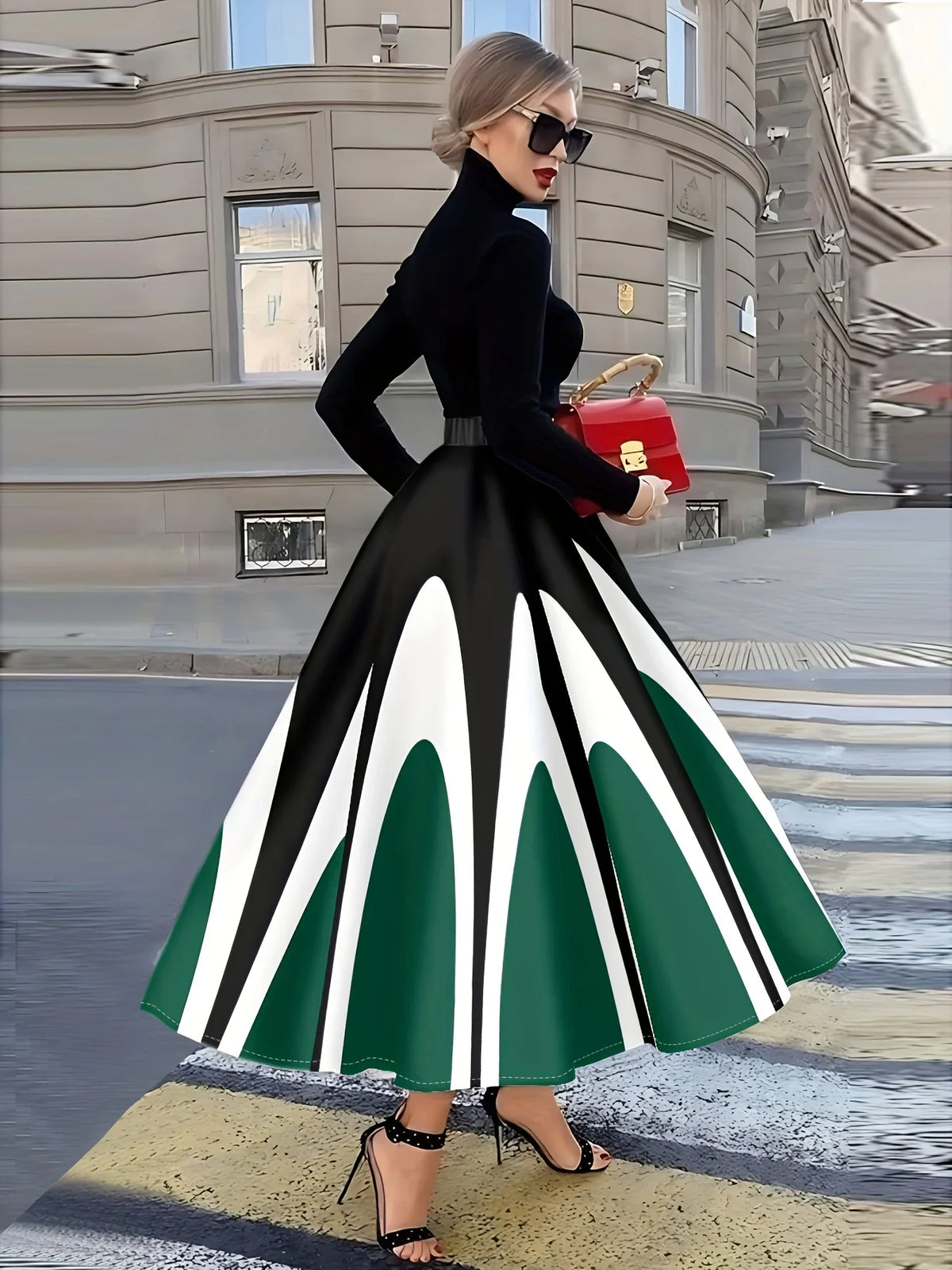 High Waisted Pleated Maxi Skirt A Line Flared Long Skirt Statement Color Block Full Length Party Occasion Wear