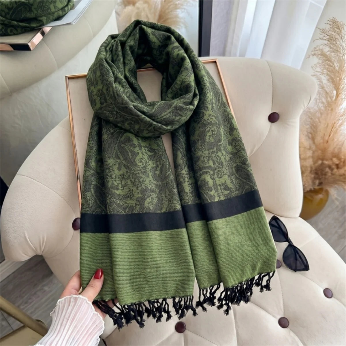 Women's Paisley Print Shawl Wrap, Ornamental Pattern Scarf with Fringed Ends, Long Shoulder Wrap for Women