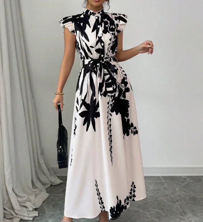 Floral Maxi Dress – Short Sleeve V-Neck Dress with Defined Waist, Tie Detail, Flowing Skirt and Elegant Botanical Print for Events