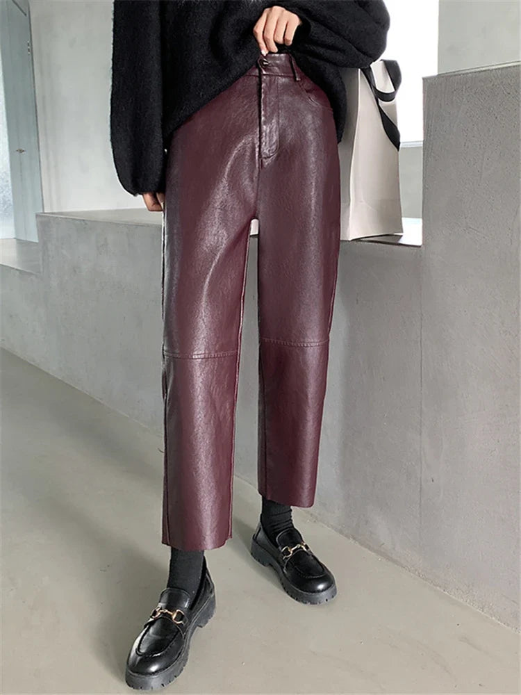High Waisted Faux Leather Straight Leg Pants Tailored Trousers Minimalist Ankle Length Casual Streetwear Bottoms