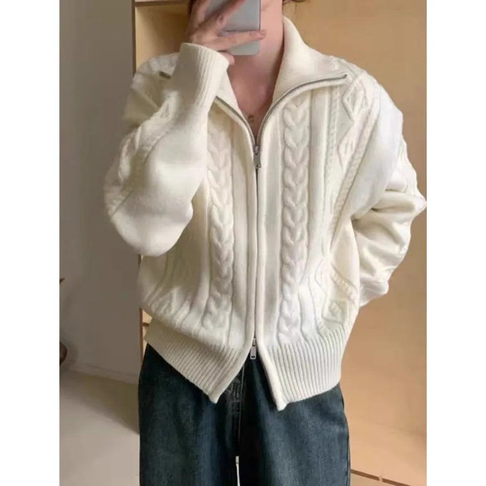 Cable Knit Zip-Up Sweater Jacket, Chunky Knit Cardigan with Stand Collar, Cozy Relaxed Fit Fall Winter Outerwear