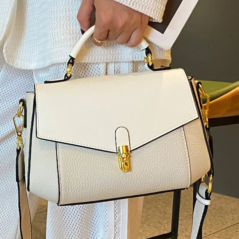 Women's Shoulder Bag, Elegant Leather Handbag, Structured Crossbody Purse with Top Handle, Flap Closure & Gold-Tone Hardware