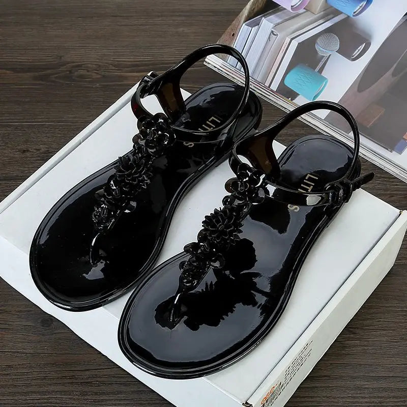 Floral Jelly Sandals | Ankle Strap Flat Sandals | Glossy Open Toe Summer Beach Shoes