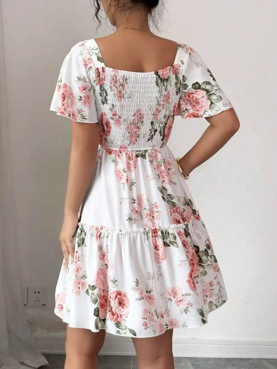Floral Mini Dress – Short Sleeve Square Neck Dress with Fitted Bodice, Defined Waist and Flared Skirt for Brunch, Vacations & Summer Events
