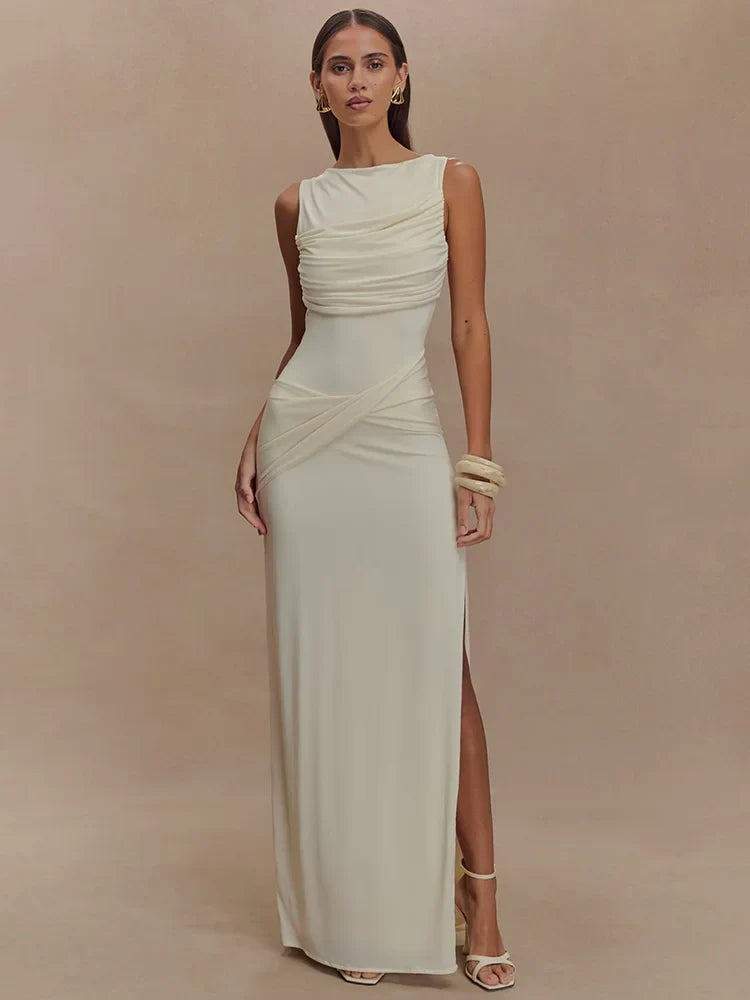 Ruched Column Maxi Dress – Sleeveless Scoop Neck Bodycon Dress with Draped Bodice and Side Slit for Weddings, Galas & Evening Events