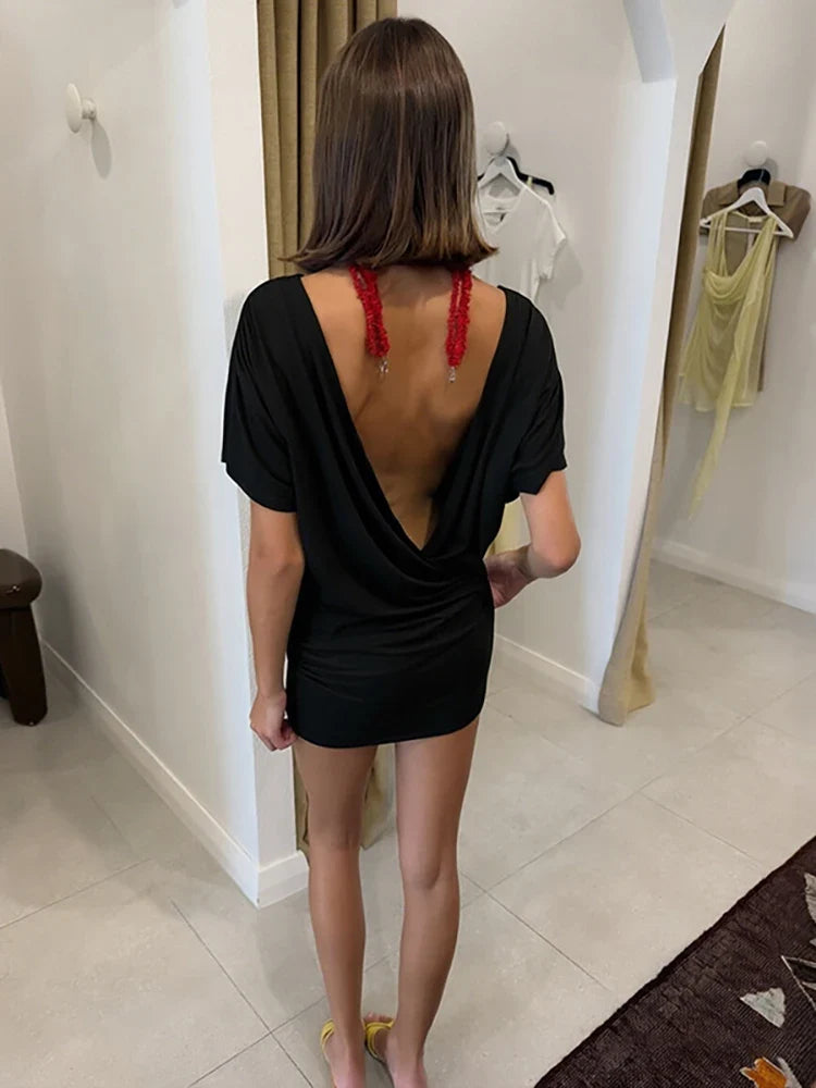 Draped Mini Dress – Deep V-Neck Short Sleeve Dress with Cowl Front, Ruched Waist, Draped Bodice and Figure-Hugging Fit for Summer