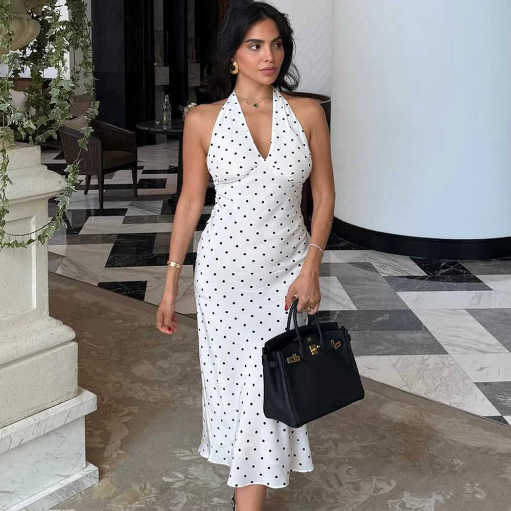 Polka Dot Midi Dress – Sleeveless Halter Neck Dress with Fitted Silhouette, Side Slit and Elegant Column Shape for Vacations & Summer Events