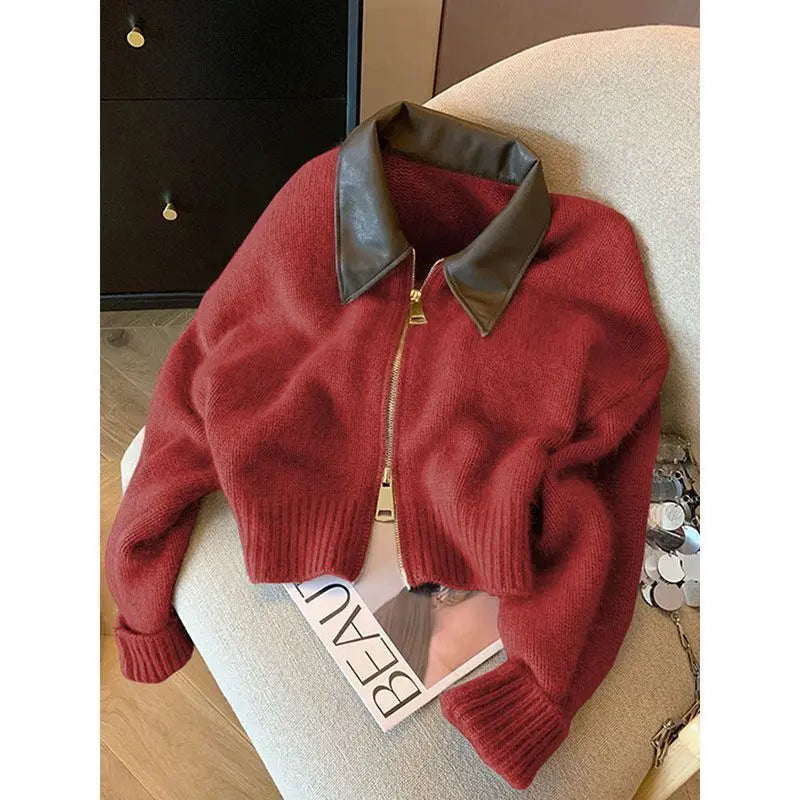 Cropped Knit Jacket, Zip-Up Sweater with Faux Leather Collar and Ribbed Trim, Cozy Casual Cardigan for Fall Winter