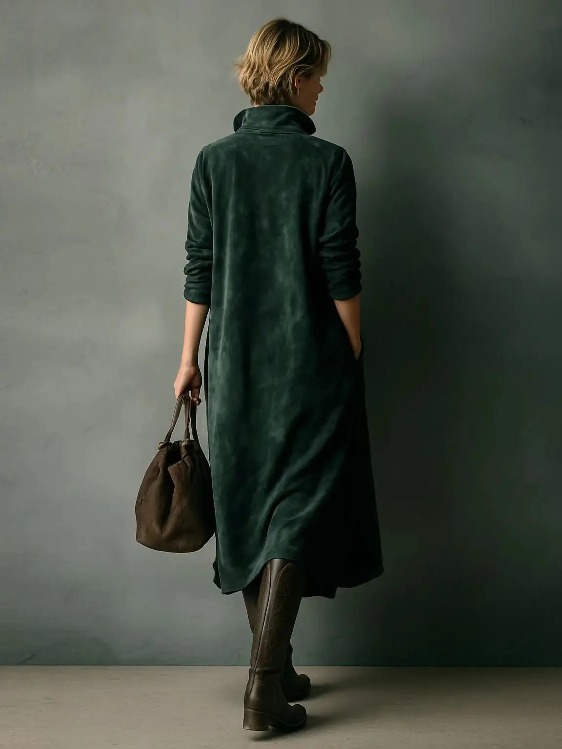 Satin Shirt Midi Dress – Long Sleeve Draped Dress with Collared Neck, Relaxed Silhouette and Elegant Everyday Style
