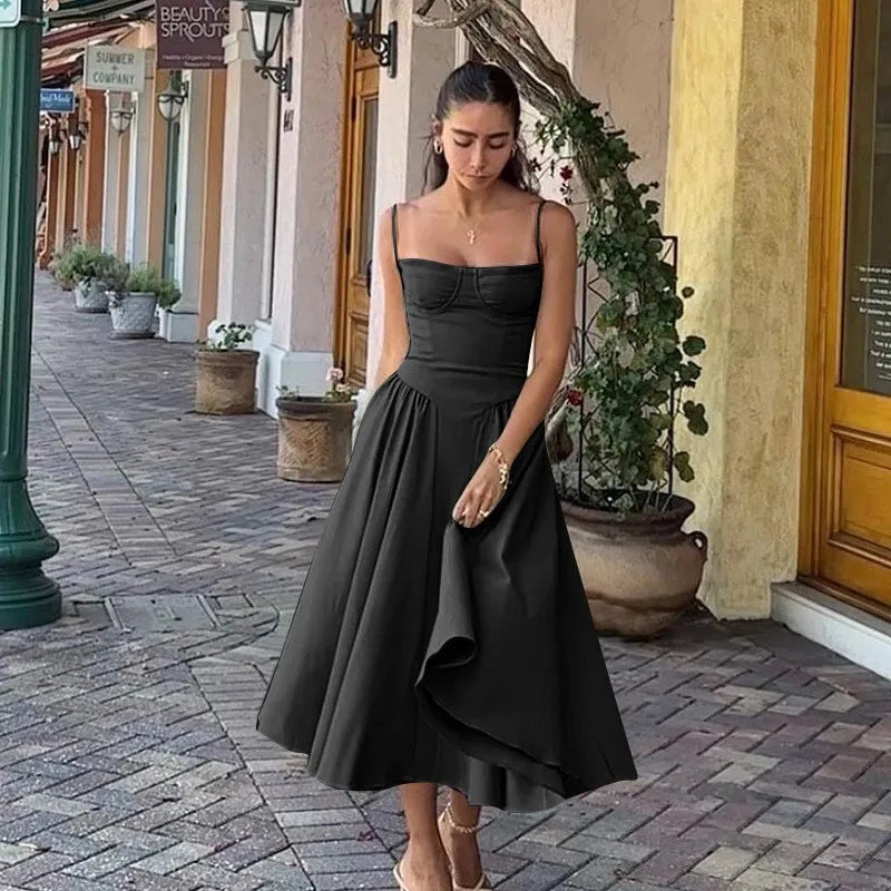 Vintage A-Line Midi Dress – Spaghetti Strap Corset Bodice Dress with Pleated Flared Skirt for Weddings, Brunches & Special Occasions