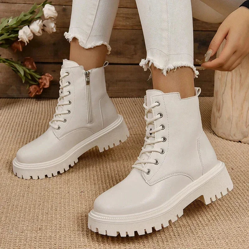 Women's Lace-Up Combat Boots – Chunky Lug Sole Ankle Boots with Side Zipper for Casual, Hiking, Travel & Everyday Wear
