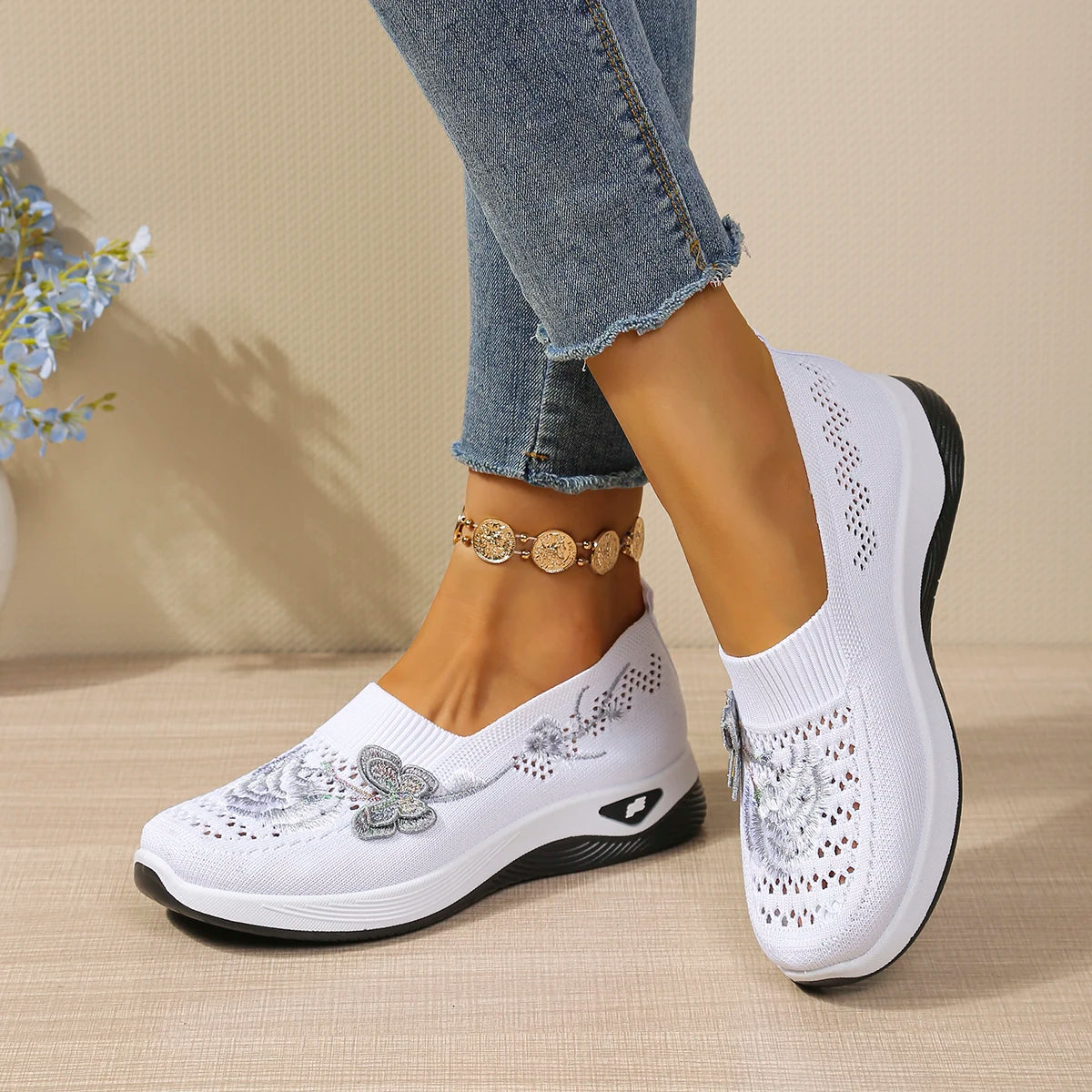 Floral orthopaedic Slip On Sneakers | Embroidered Mesh Walking Shoes | Lightweight Casual Platform Sneakers