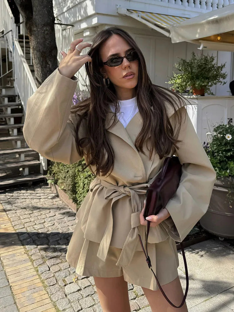 Belted Blazer & Tailored Shorts Co-Ord Set | Long Sleeve Wrap Front Suit Outfit | Chic Smart Casual Two Piece Set