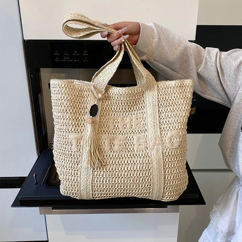 Woven Straw Tote Bag, Boho Beach Shoulder Bag, Large Casual Summer Handbag with Long Handles for Travel, Shopping & Everyday Use