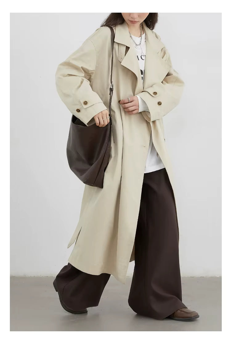 Classic Double-Breasted Trench Coat, Longline Coat with Wide Lapels and Adjustable Cuffs, Elegant Minimalist Transitional Outerwear