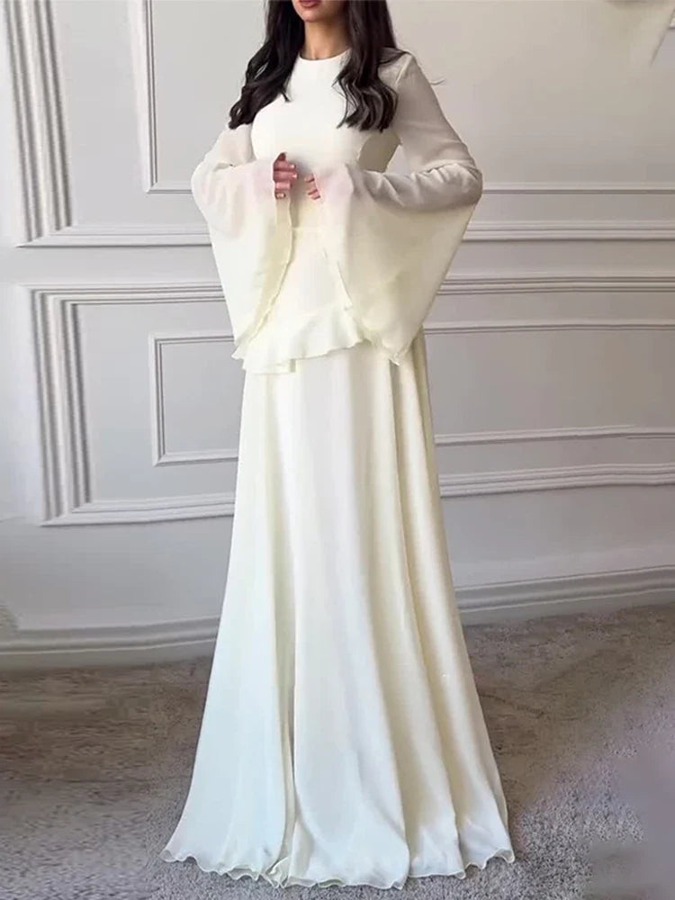 Elegant Maxi Dress – Long Sleeve Ruched Waist Gown with Draped Bodice and Flowing Floor-Length Skirt for Weddings & Formal Events