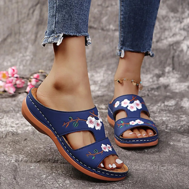 Floral orthopaedic Wedge Sandals | Embroidered Platform Mules | Comfortable Open Toe Summer Shoes