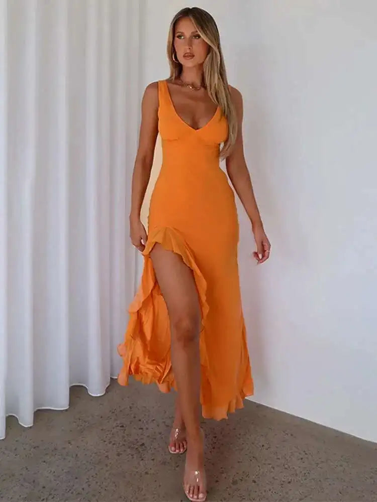 Asymmetrical Maxi Dress – V-Neck Sleeveless Bodycon Dress with High Side Slit and Ruffle Hem for Weddings, Date Nights & Parties