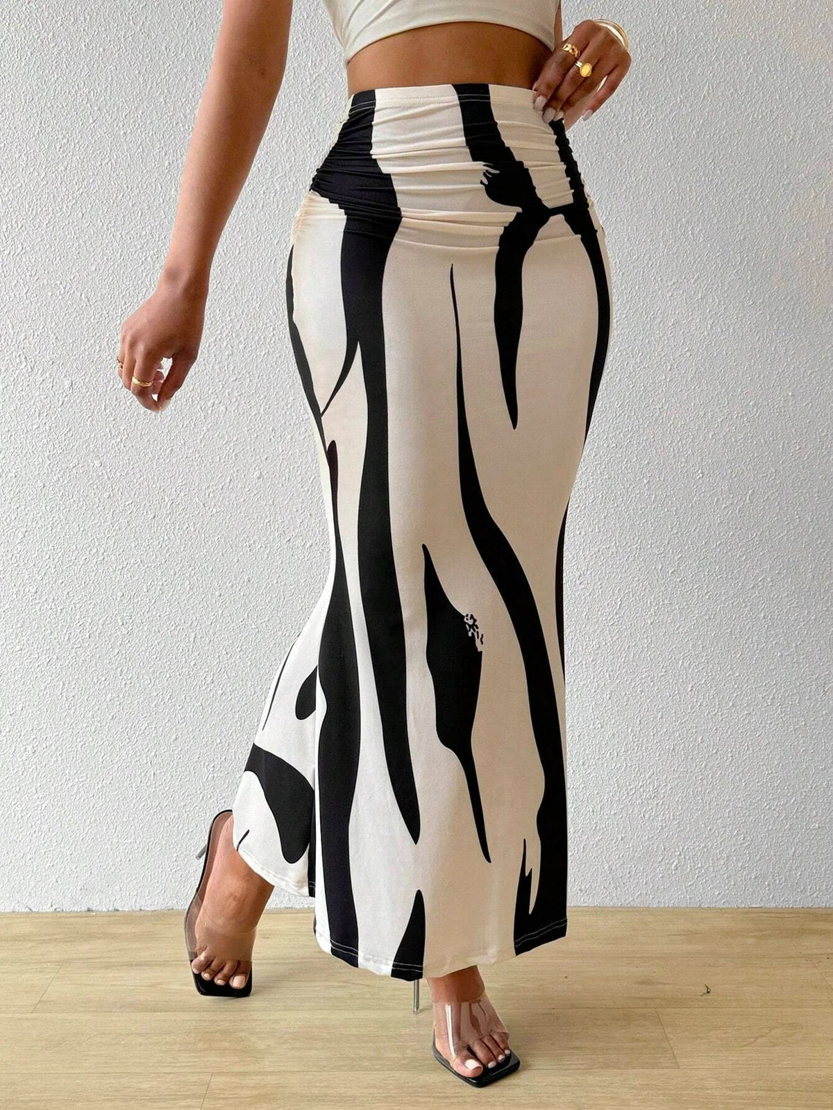 High Waisted Abstract Print Maxi Skirt Bodycon Long Pencil Skirt Stretch Fitted Slit Detail Statement Evening Wear