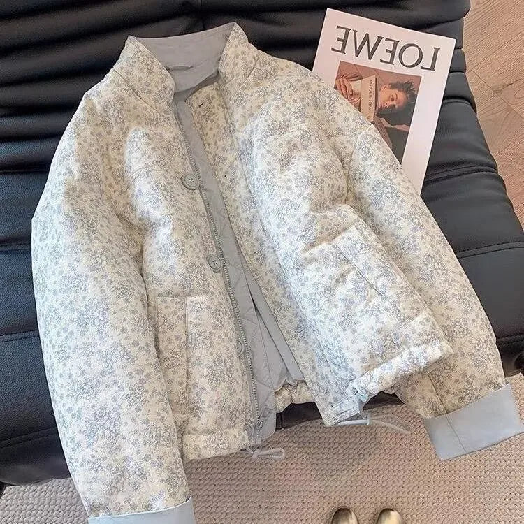 Floral Quilted Bomber Jacket, Printed Button-Up Jacket with Stand Collar and Drawstring Hem, Cozy Casual Outerwear
