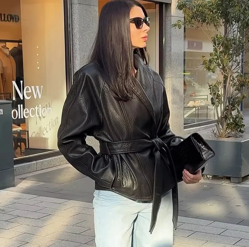 Faux Leather Wrap Jacket, Belted Moto Jacket with Shawl Collar and Tailored Waist, Elegant Minimalist Statement Outerwear