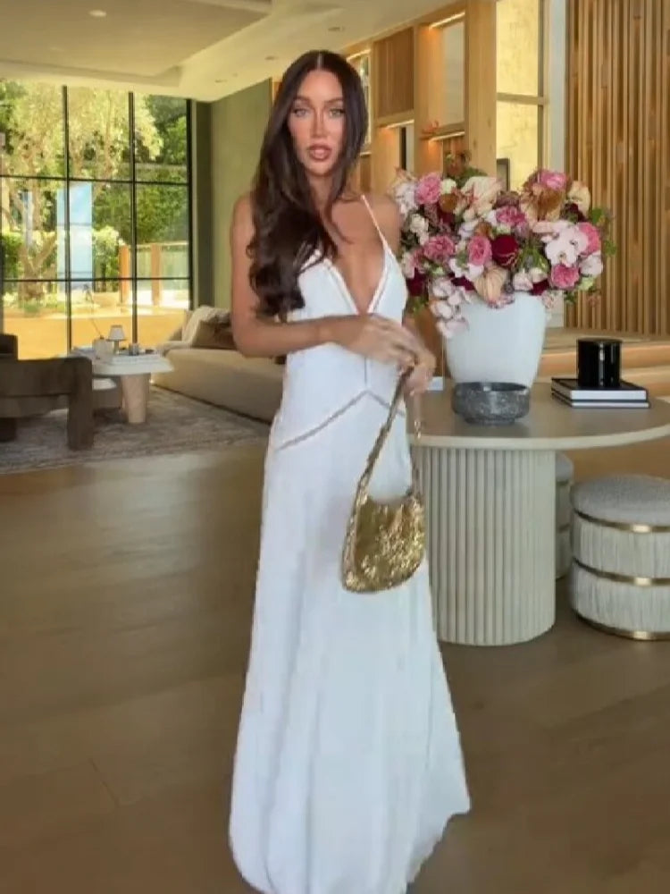 Satin Maxi Dress – Spaghetti Strap V-Neck Dress with Draped Bodice, Defined Waist and Flowing Floor-Length Skirt for Weddings & Evening Events