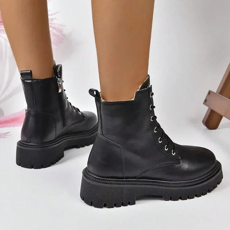Women's Lace-Up Combat Boots – Chunky Lug Sole Ankle Boots with Side Zipper for Casual, Hiking, Travel & Everyday Wear