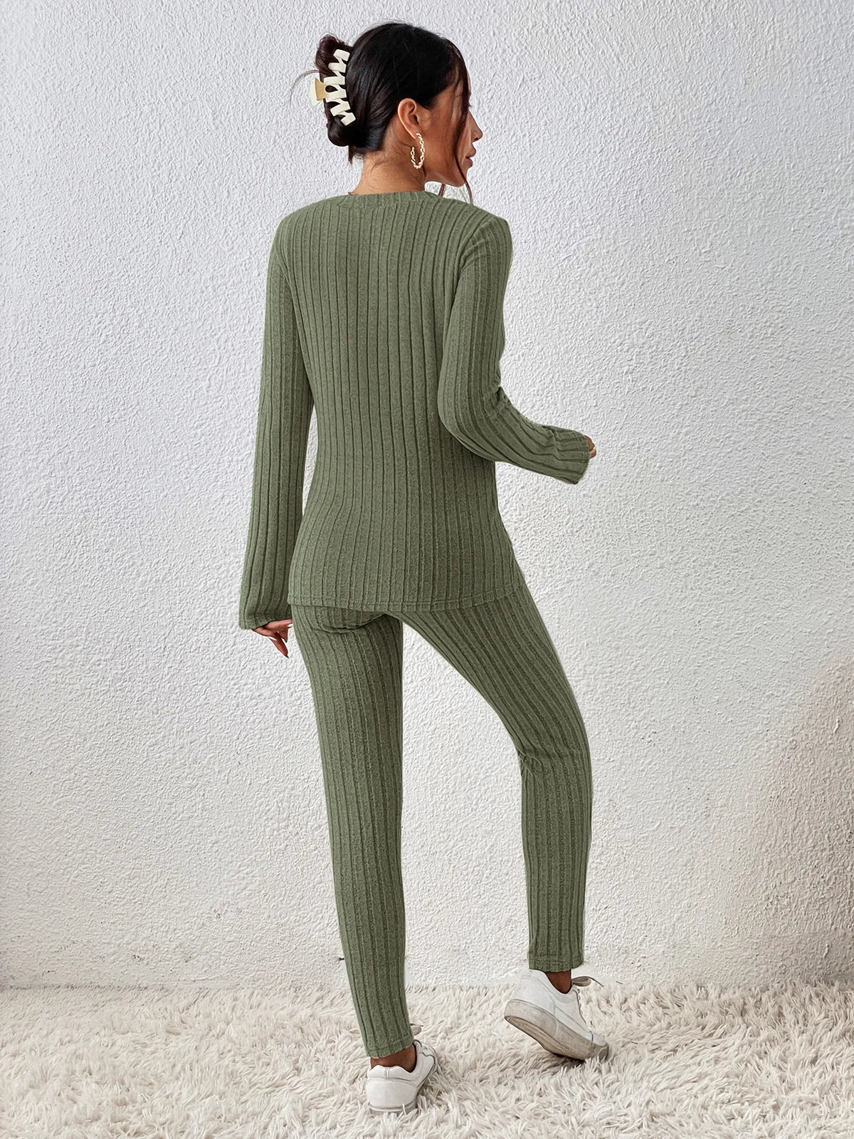 Ribbed Wrap Top & High Waist Pants Co-Ord Set | Long Sleeve Two Piece Knit Lounge Outfit | Chic Casual Fall & Winter Matching Set