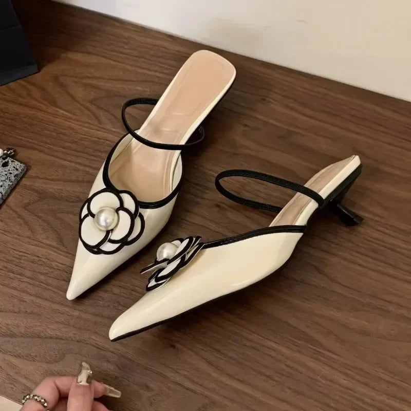 Women's Pointed Toe Slingback Kitten Heel Mules – Elegant Floral Pearl Pumps for Office, Party, Wedding & Dress Wear