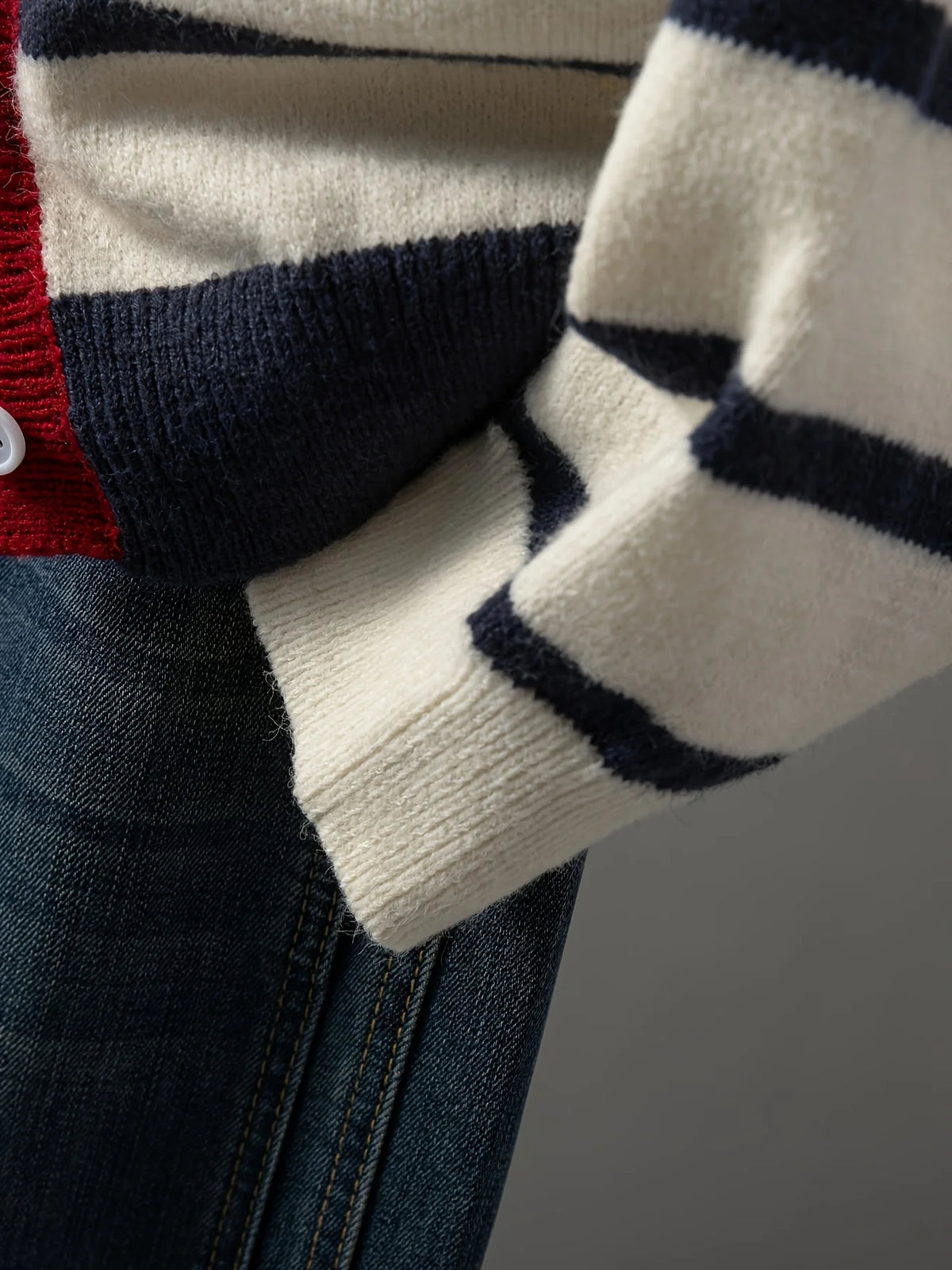 Striped Knit Cardigan, Button Front Sweater with Contrast Trim and Heart Detail, Preppy Casual Layering Top for Fall Winter