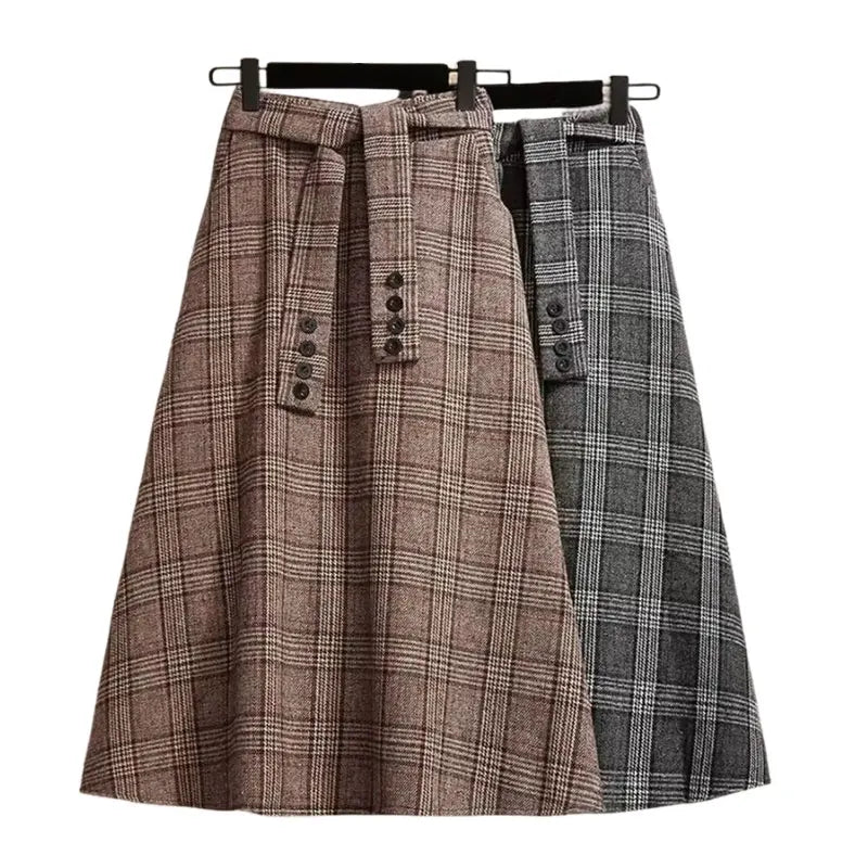 High Waisted Plaid Midi Skirt A Line Tartan Skirt Flared Long Skirt Button Detail Preppy Vintage Inspired Casual Wear