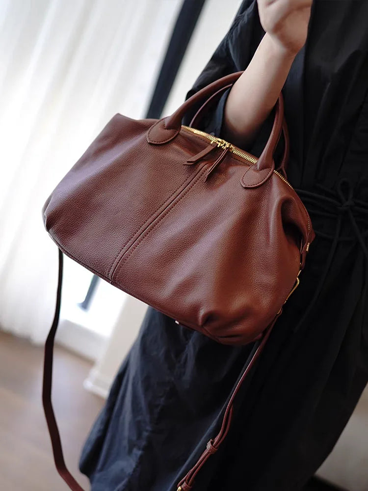 Vintage Boston Handbag, Soft Leather-Look Travel Satchel with Double Top Handles, Adjustable Crossbody Strap, Spacious Purse for Work & Everyday Use