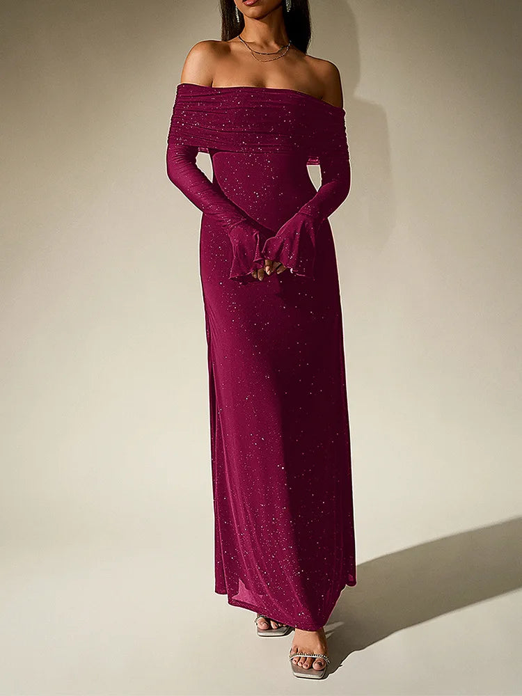 Glitter Off Shoulder Maxi Dress – Long Sleeve Mermaid Gown with Draped Neckline, Flared Cuffs and Sparkling Evening Finish